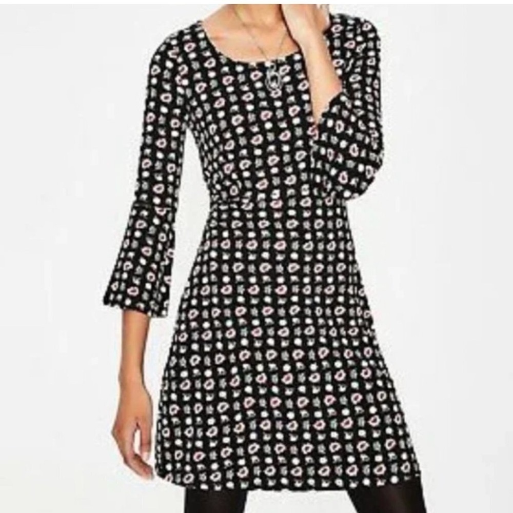 Boden Miriam Jersey Tunic Dress Bell Sleeve Black Floral Print Size 16R